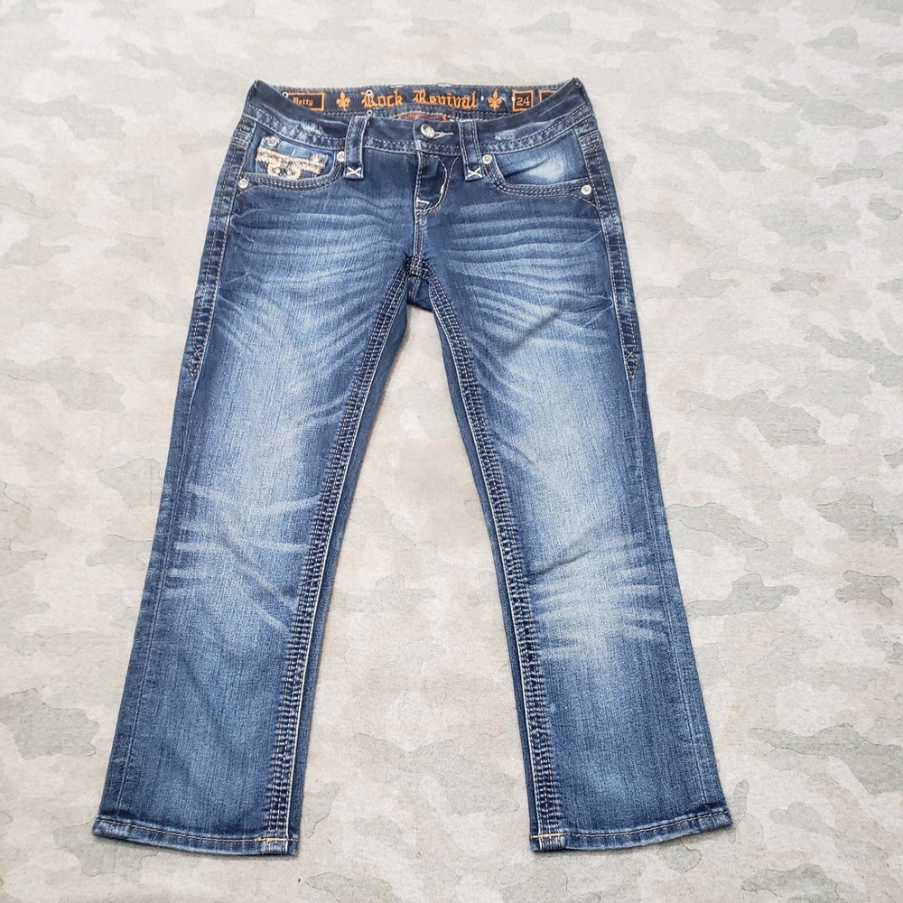 Rock Revival Betty Capri Jeans Women 24 Blue Denim Embroidered Denim Whiskered